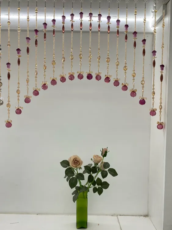 定制款高端酒红金聚宝盆水晶帘隔断屏风花开富贵款