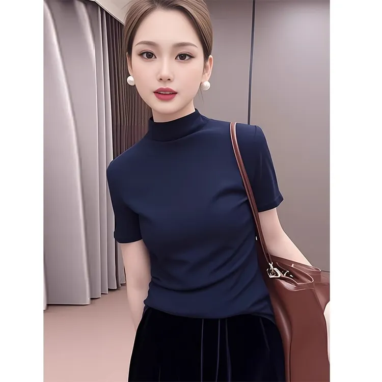 简约半高领上衣蓝色针织短袖女2025年春夏新款T恤修身百搭打底衫