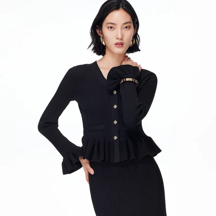 Vero Moda针织衫【鎏金盛宴】竖坑条V领荷叶袖流光风325324019