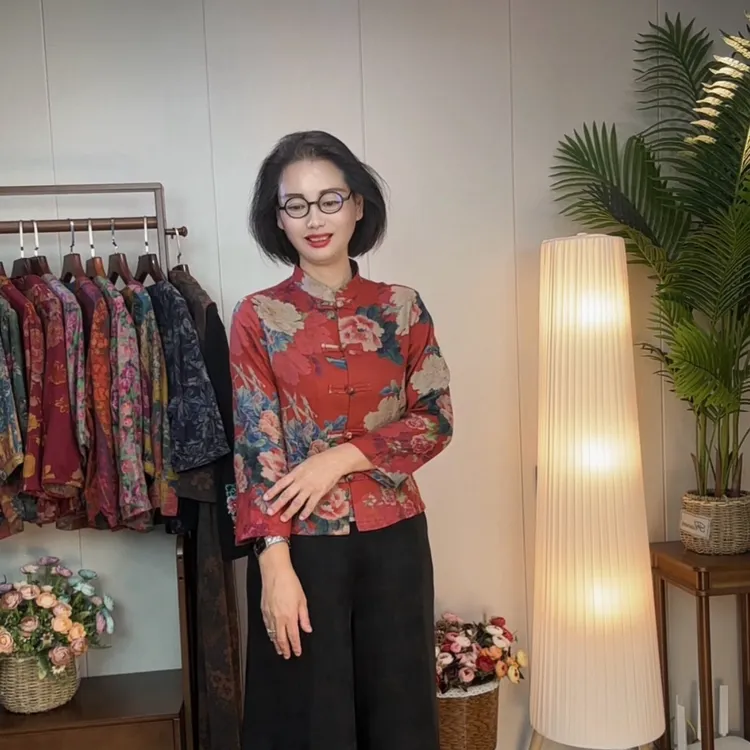 数码印花立领长袖开襟盘扣修身休闲单件上衣优雅妈妈装2472