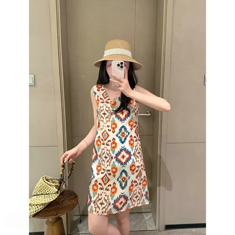 时尚欧货民族风碎花裙气质复古无袖波西米亚风遮肉老钱风女式衣服