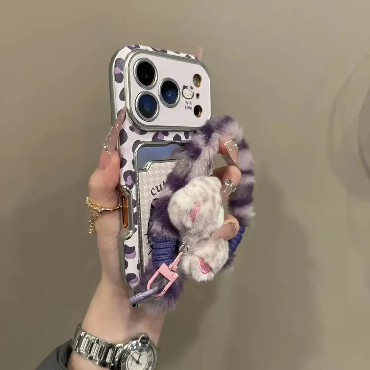 紫色豹纹千鸟格猫咪卡包适用苹果17ProMax手机壳iphone15新款16p