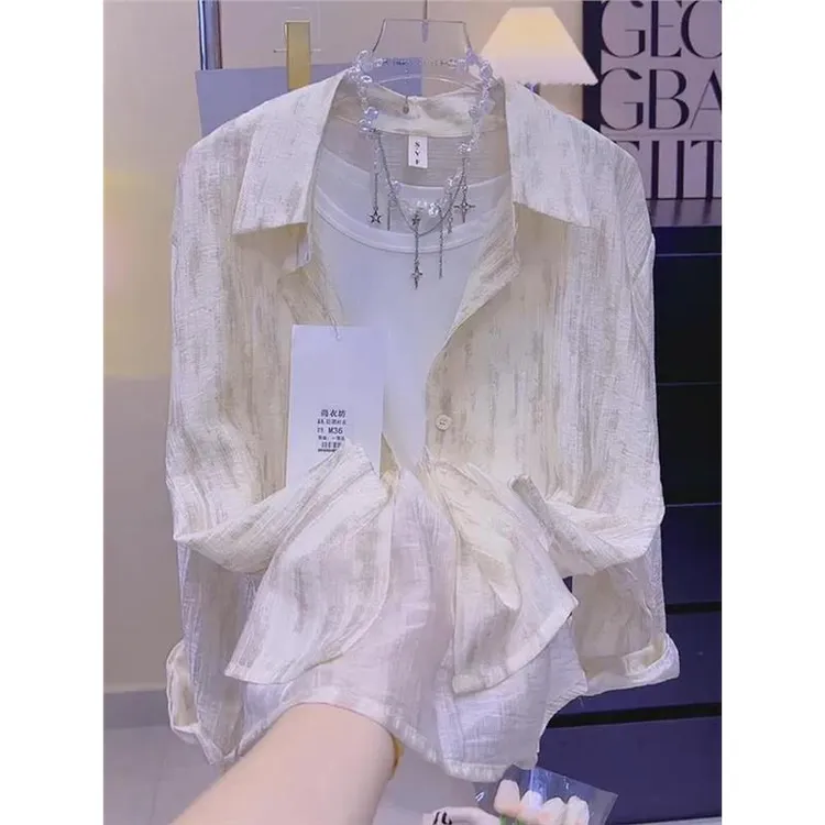 POLO领长袖防晒衬衫女水墨印花开衫外套2025夏季轻薄透气宽松上衣