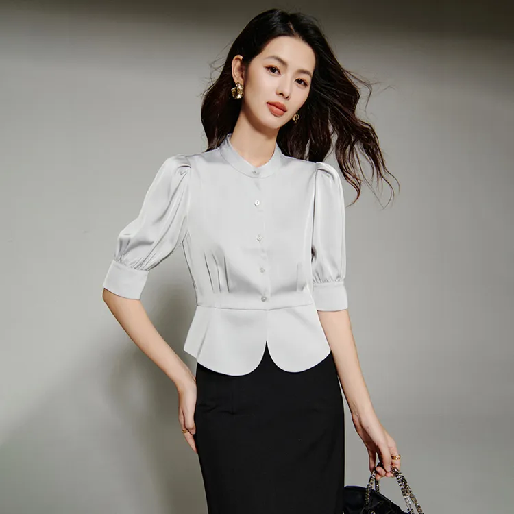 晚白【新品】2025夏高级感掐腰职场衬衣中袖韩系衬衫女25061033