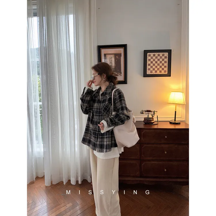 应小姐【岛屿格子】微胖大码秋冬休闲显瘦设计宽松百搭长袖格纹衬衫