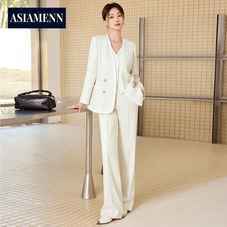 白色西装外套女高级感春秋2025气质职业西服马甲阔腿裤三件套女装