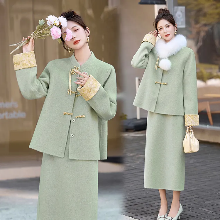 2026冬季新双面呢外套半身裙两件套装裙新中式盘扣套装名牌两件套