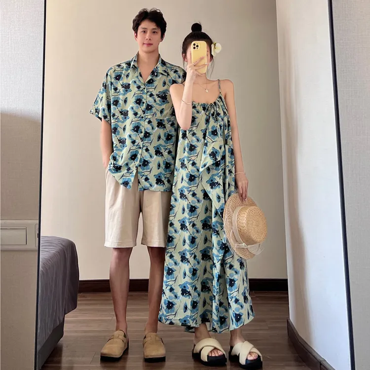 海边度假风情侣装高级感油画吊带连衣裙小众设计韩系chic别致裙子