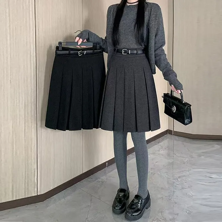 （粥粥专属）2025美式灰色毛呢百褶半身裙女秋冬高腰中长款显瘦a字遮跨半身裙