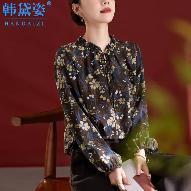 时尚品牌印花双绉真丝衬衫女长袖2025秋新款100桑蚕丝花边领上衣