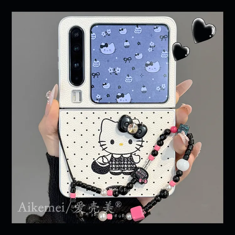 适用华为purax折叠屏手机壳皮质波点kitty猫pocket2立体蝴蝶结女