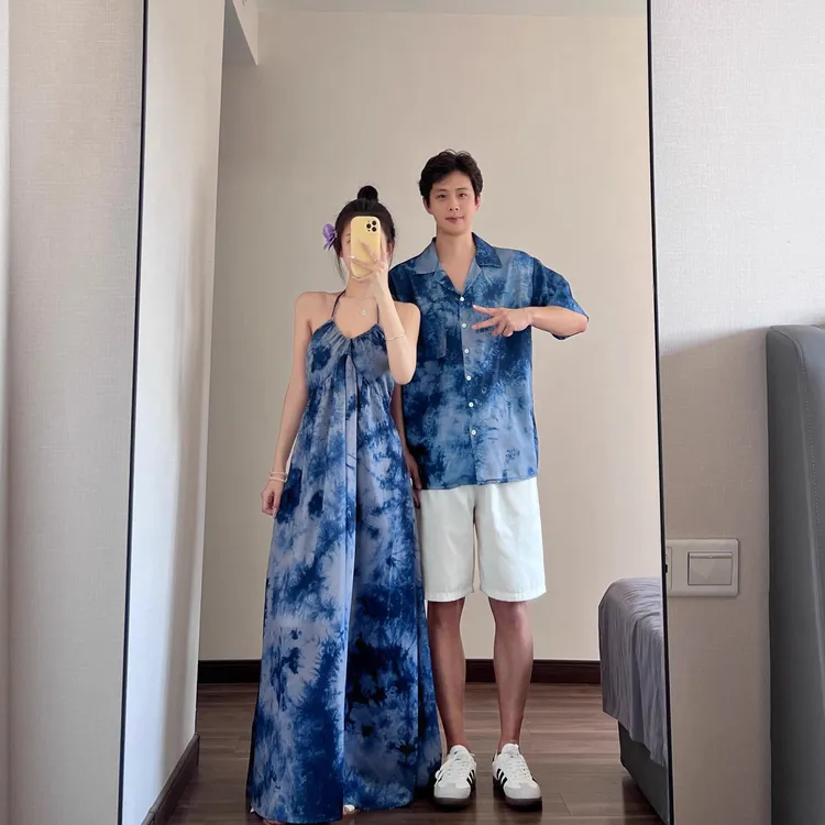 情侣装夏季度假风水墨扎染宽松吊带女连衣裙开衫男短袖碎花衬衫潮