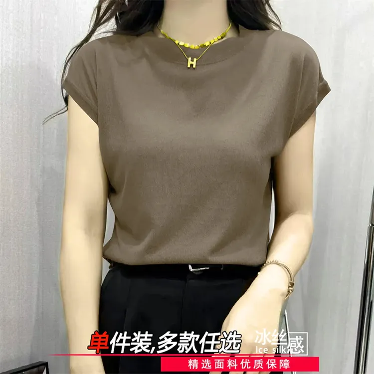 小飞袖T恤上衣2025年女时尚百搭新款圆领春夏季纯色设计感冰丝t恤