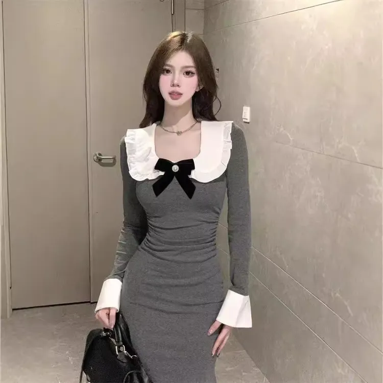 【配蝴蝶结】新款韩系娃娃领长袖修身连衣裙女显瘦显瘦包臀鱼尾长