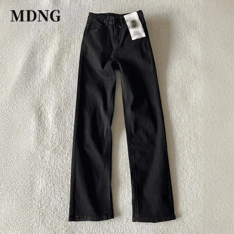 MDNG黑色高腰裤男士春秋季美式柳叶弯刀牛仔裤直筒窄版弹力微喇裤