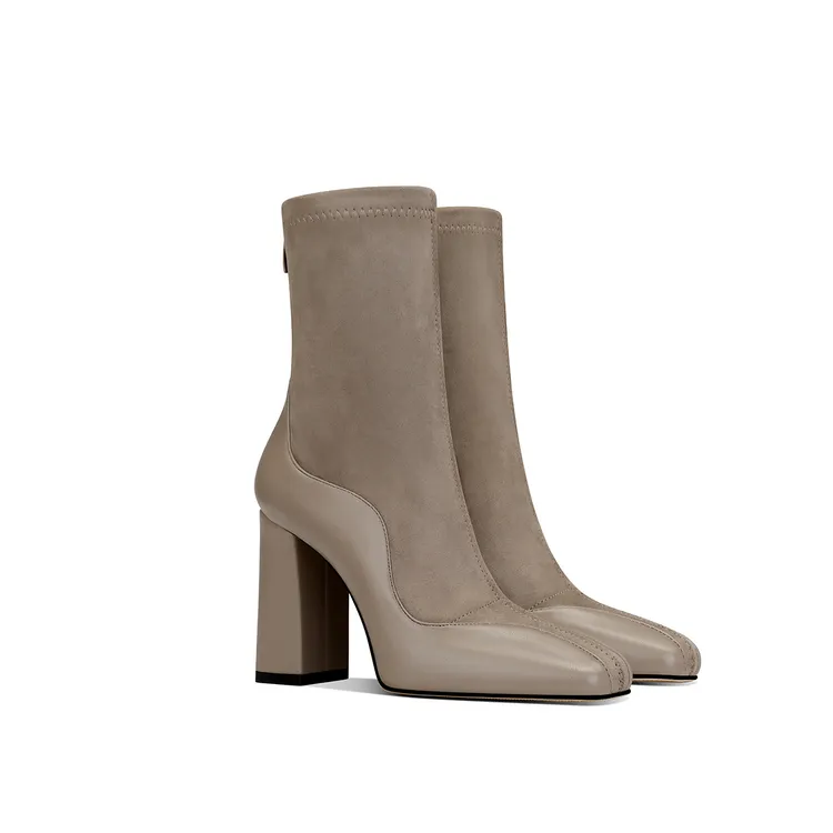 爆款时尚卡其色针织弹力袜靴气质不累脚百搭秋冬新款粗跟高跟鞋