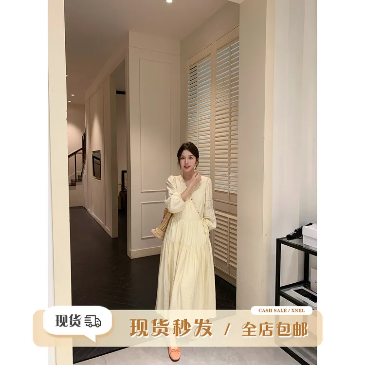 陳文文xenl【奶芙绮梦】法式温柔风设计感v领绑带连衣裙长裙女L0161