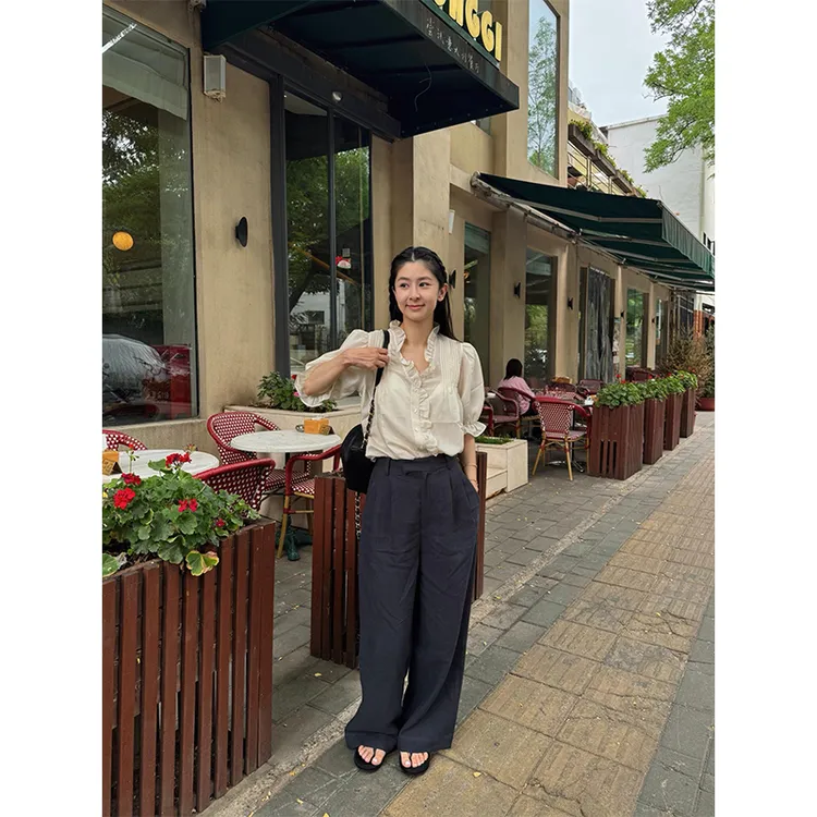 法式白色木耳边衬衫小衫独特绝美小资上衣西装裤宽松休闲阔腿裤女