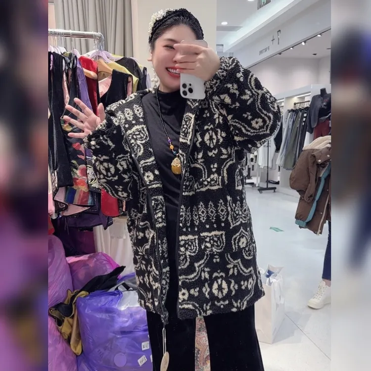 上新价~深圳57276俄萝斯老花大棉服毛绒外套中长款大码棉服大衣