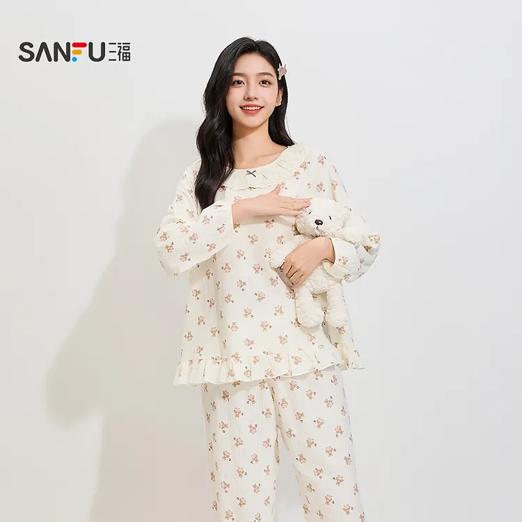三福女秋季圆领花边碎花套装 清新甜系少女宽松家居服女844289