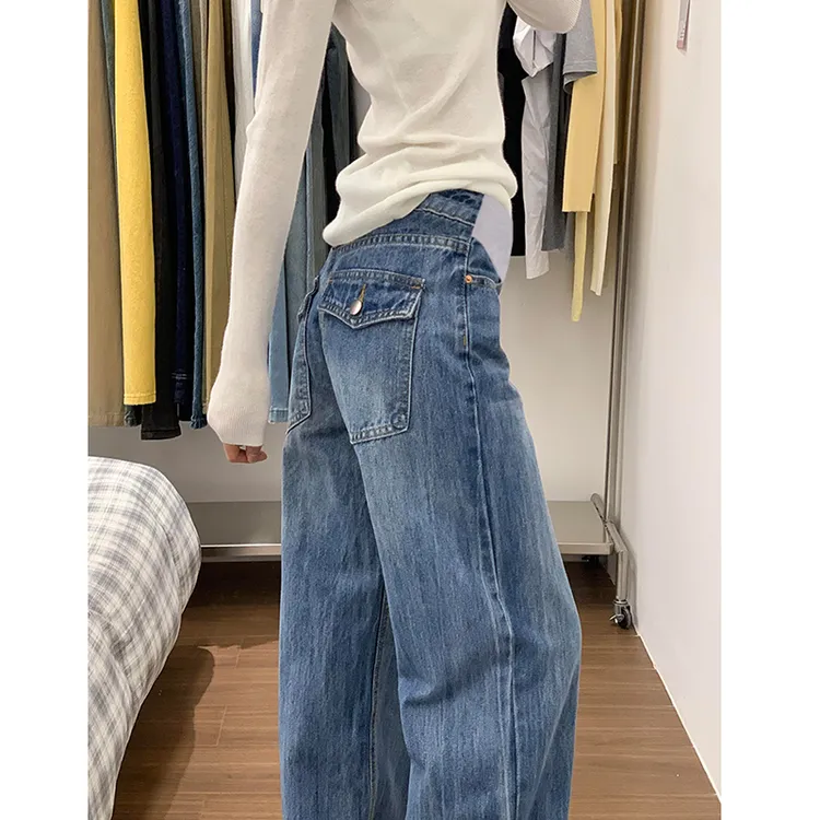 秋装外穿孕妇牛仔裤新款美式百搭复古显瘦长裤不勒肚高质量阔腿裤