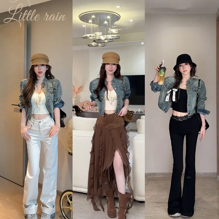 小雨姐姐秋款【曼城牛仔】复古水洗立领帅气短款牛仔外套2025