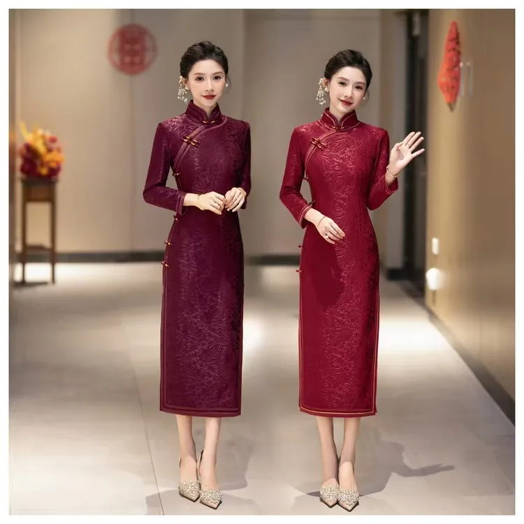 【情意绵绵】2025中国风红色加绒旗袍裙气质修身显瘦复古中长款A21