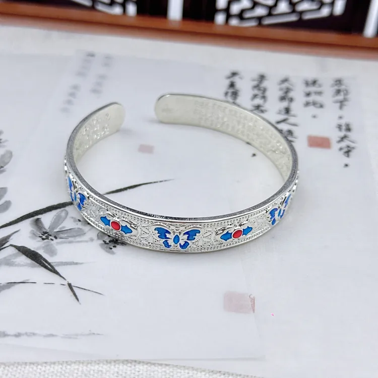 足银手镯 银9999古法蝴蝶心经手镯女新中式国风高级感百搭送女友