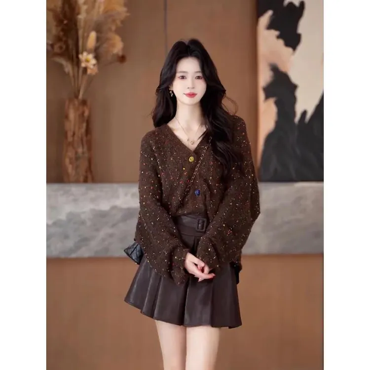 Z099#新款韩系早秋穿搭小个子复古洋气咖色针织毛衣两件套装裙女