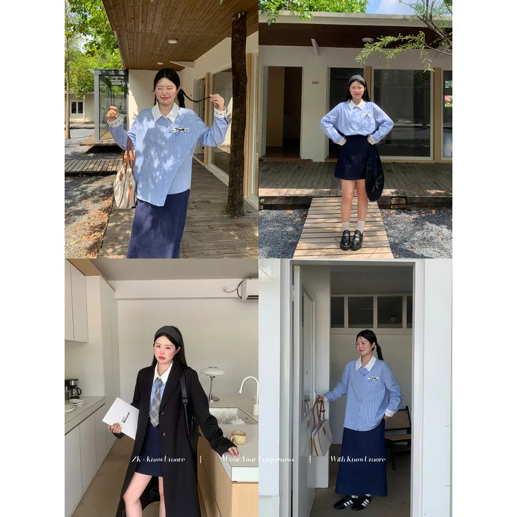 知葵微胖定制【蓝调布鲁斯】初秋韩系学院风条纹衬衫+半裙套CS4902