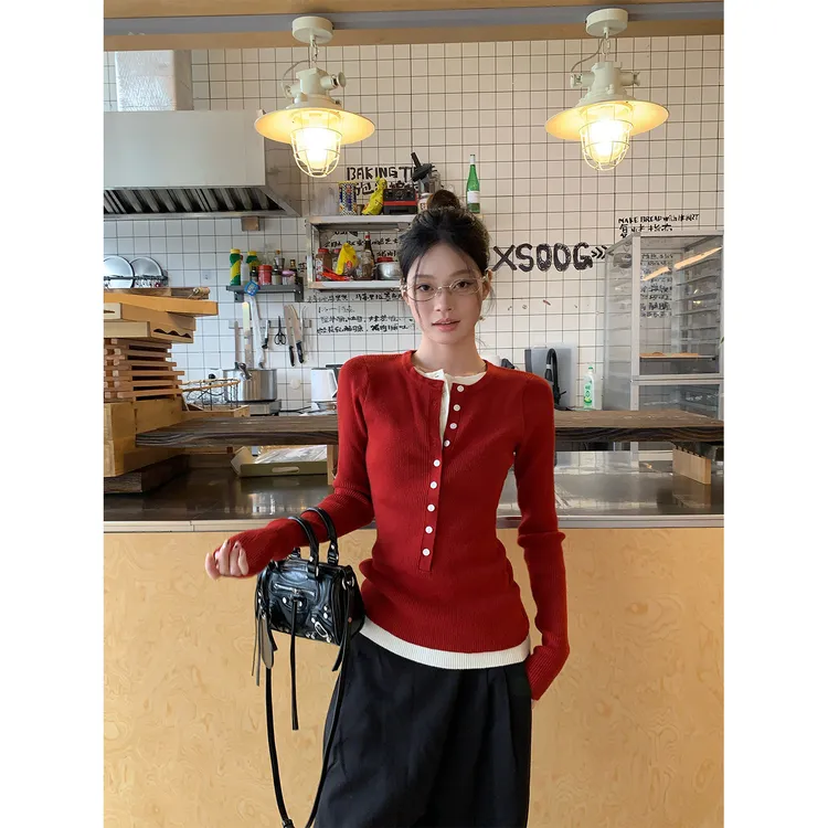 宋正恩1/4 10:00AM上新【韩系撞色假两件修身针织开衫】ZE2267