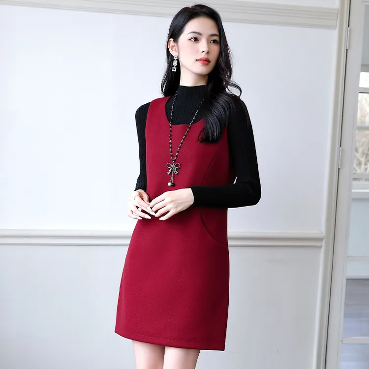 品牌时尚韩系减龄百搭显瘦中长款连衣裙春秋新款毛呢中长款背心裙