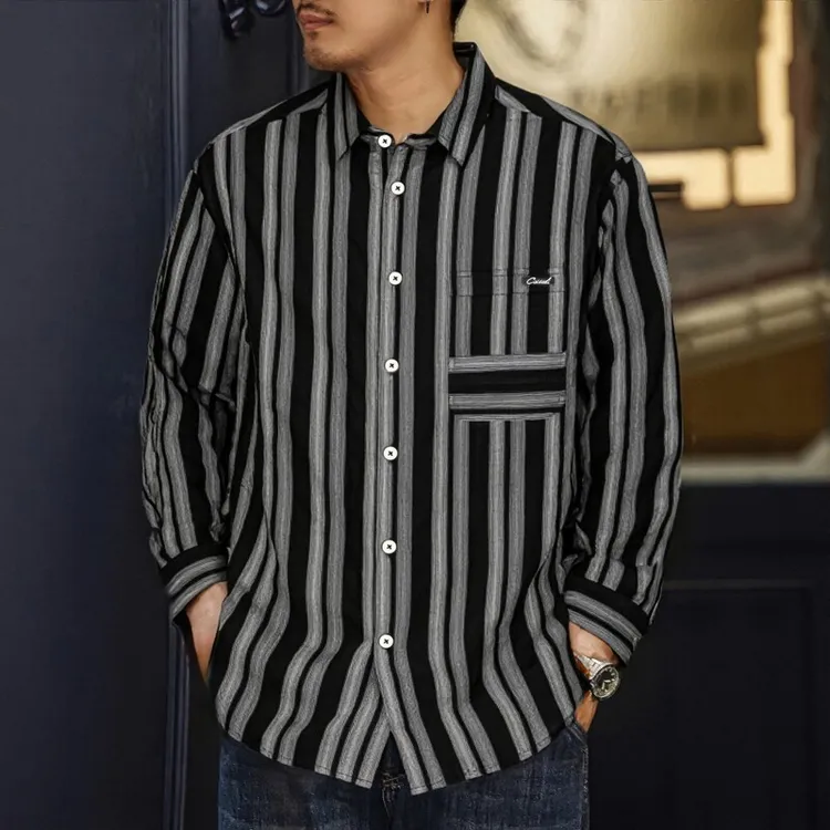 日系百棉粗条纹商务休闲全棉衬衫宽松衬衣夏季潮流韩版薄款时尚