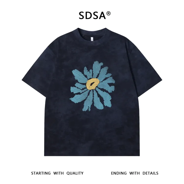 夏季高级感新款潮牌撞色花朵印花圆领短袖T恤百搭情侣套头上衣