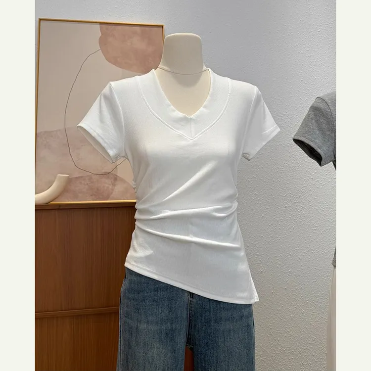 设计感不规则褶皱开衩短袖T恤女夏季2025新款V领收腰显瘦小衫上衣