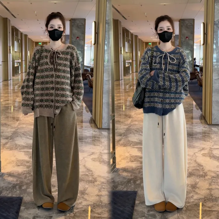 秋季新款时尚小众复古针织毛衣外套+慵懒感加厚阔腿休闲裤套装