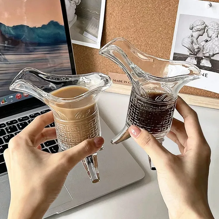 仿古帝王杯侯爵杯创意玻璃杯茶杯双口三足杯拿铁咖啡杯家用酒杯