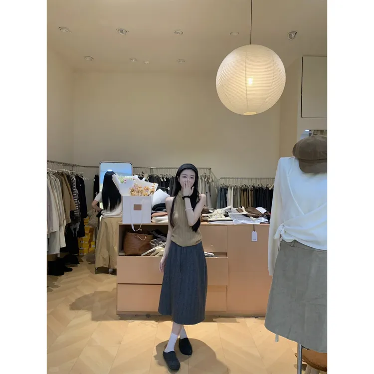 针织无袖背心女修身显瘦百搭上衣百褶半身裙中长款A字长裙子套装
