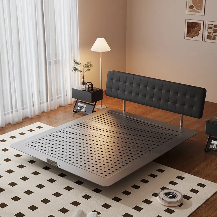 碳素钢床架小户型房间黑色中古风无边超薄床头2024新款主卧真皮床