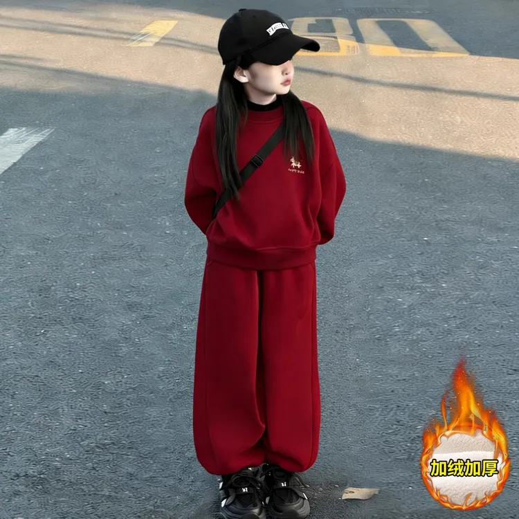 女童冬季拜年套装2025新款洋气儿童中大童休闲加绒加厚保暖两件套