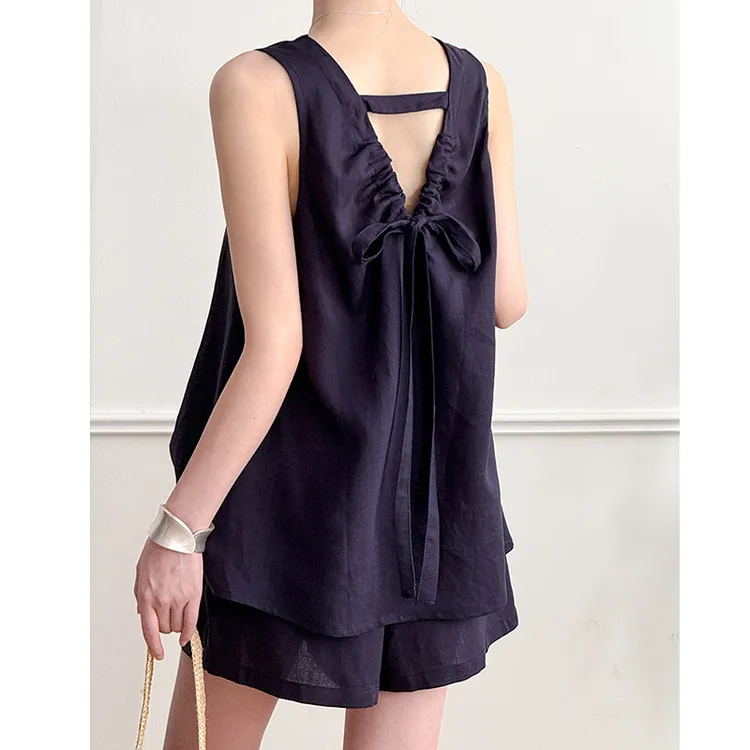 2025夏季新款大码女装亚麻性感露背衬衫高腰小个子阔腿短裤两件套