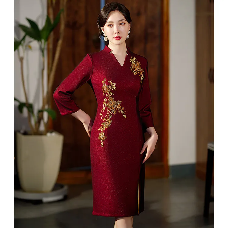 高贵喜婆婆婚宴旗袍装新款丈母娘改良旗袍连衣裙参加婚礼妈妈礼服