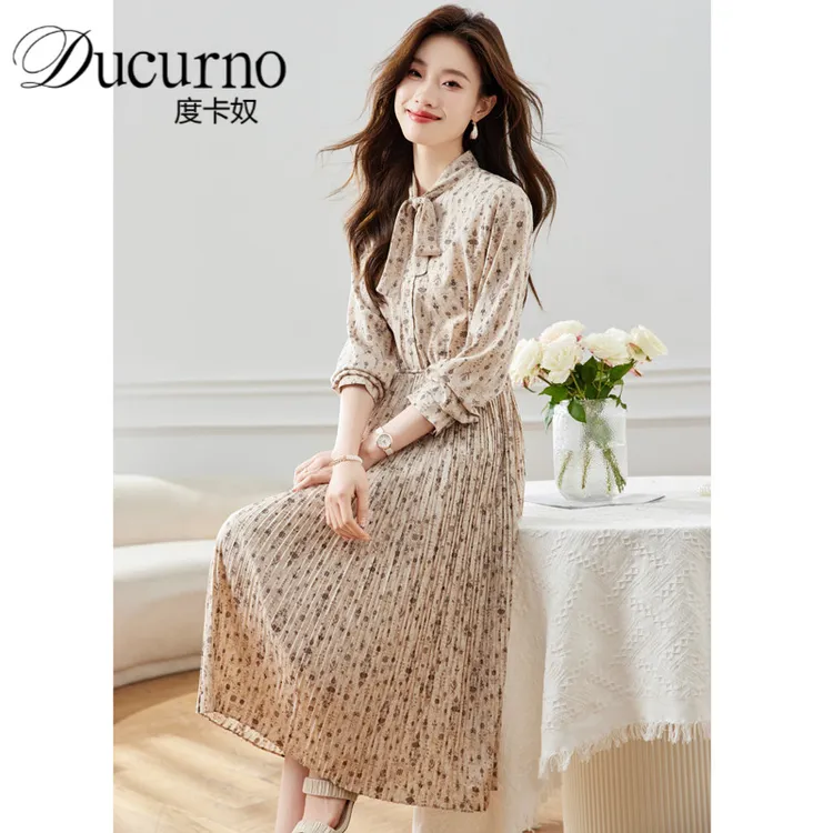 2025新款早秋季连衣裙女长袖通勤高级感飘带长款雪纺碎花衬衫裙子