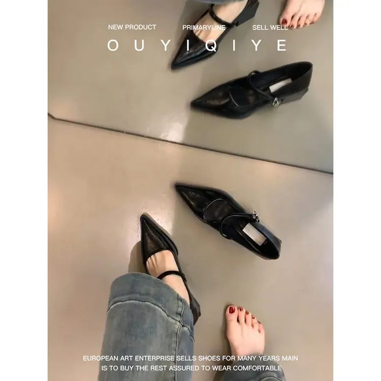牛皮版~真皮尖头玛丽珍鞋女粗跟单鞋一字带不累脚复古黑色通勤鞋