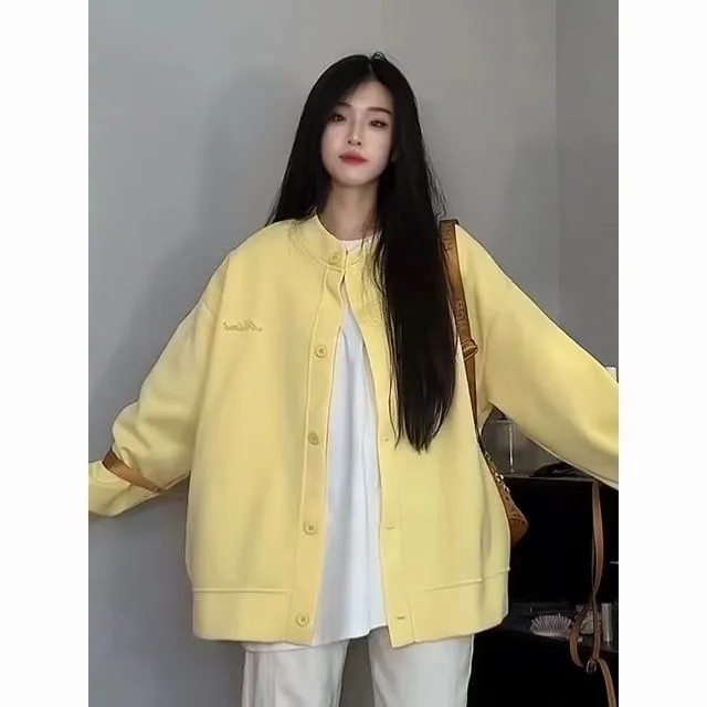 开衫卫衣女韩版纽扣纯色宽松百搭外套2025春秋新款简约清新棒球服