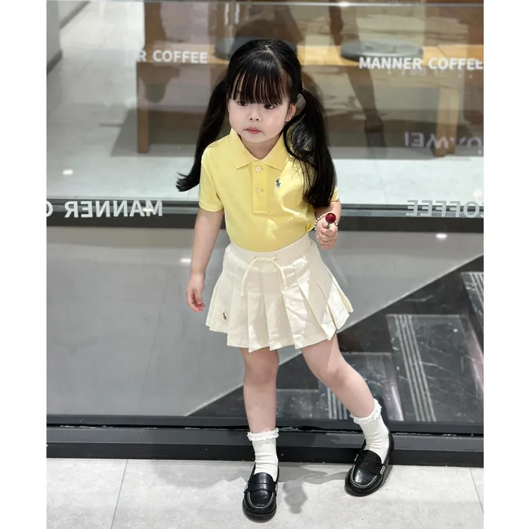 小思家女童2025夏季洋气韩版学院风翻领短袖上衣百褶半身裙两件套