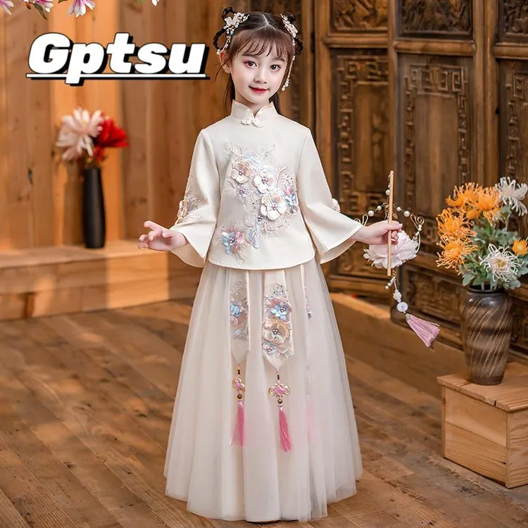 GPTSu中国风女童汉服2025春夏新唐装过年古筝表演服舞台古风洋装