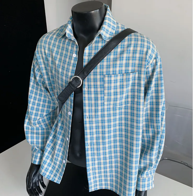 港风蓝白格子衬衫长袖男女春秋上衣外套ins潮牌情侣复古高街衬衣