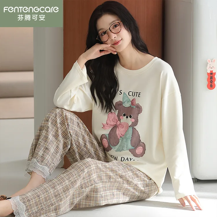 芬腾可安睡衣女秋冬季纯棉加厚长袖格子长裤蕾丝边卡通套装家居服