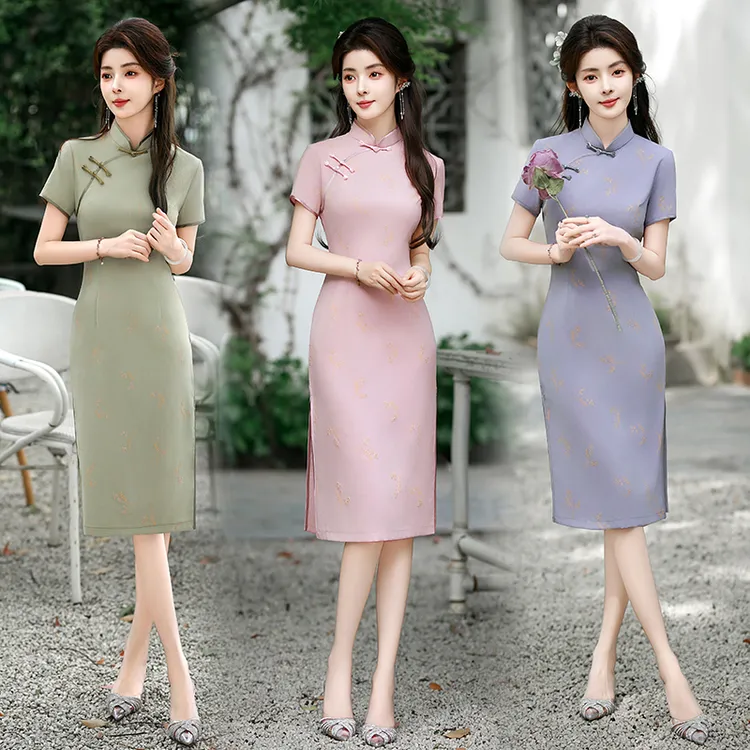 高档送考旗袍裙2025新款改良新中式短袖中长款显年轻裙子洋气夏款